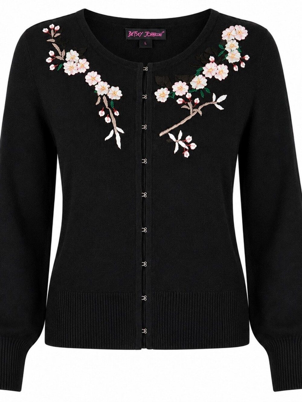 BETSEY JOHNSON | Black Silk Blend Cardigan Sweater Pink Floral Embroidery | L